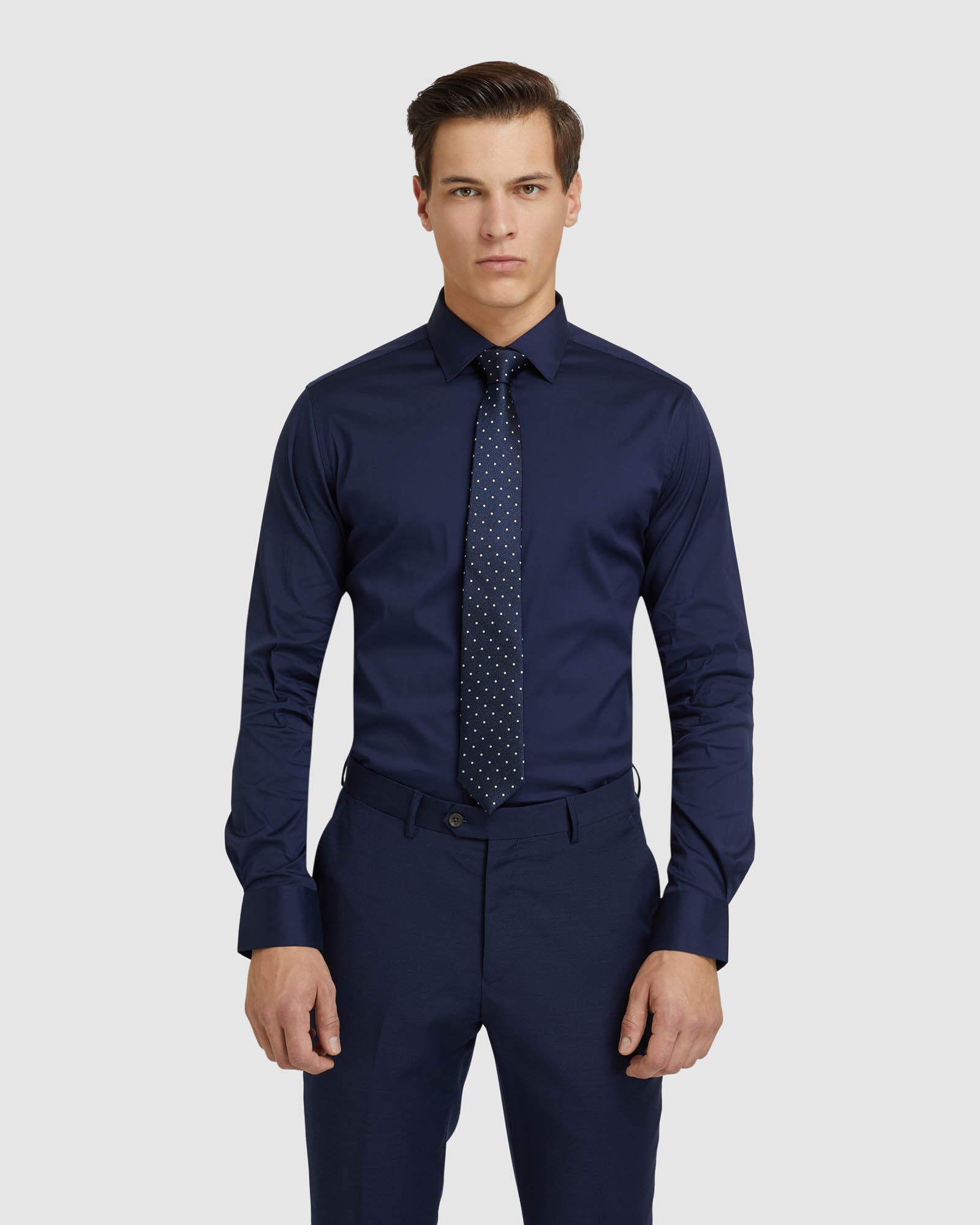 Men's White and Blue Vertical Striped Dress Shirt, Navy Dress Pants, Navy  Wool Tie, Dark Brown Leather Belt | Lookastic